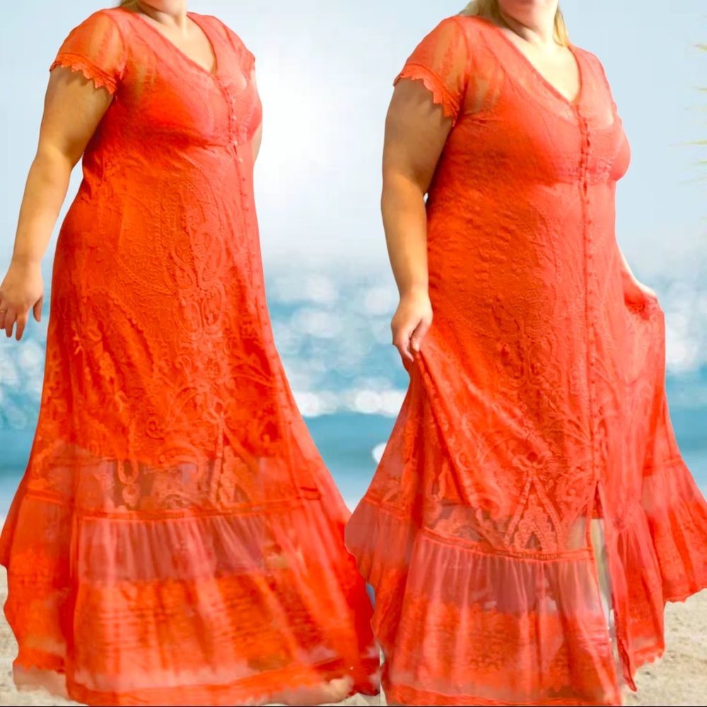 Torrid Lace Coral Button Front Skater Maxi Dress Sizes: 1XL 2XL  3XL NWT - Picture 5 of 16